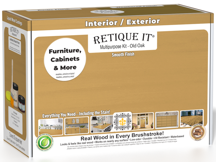 Retique It Multi-purpose Smooth Finish Kit in Old Oak, interior top coat for wood furniture and surfaces, includes application tools.