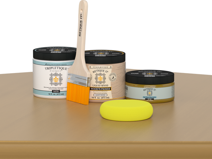 Retique It® Old Oak Brush-On Kit with Satin TripleTique® includes a brush, Light Wood primer, Old Oak Gel Stain Alternative, Satin TripleTique® top coat, and a yellow sponge.