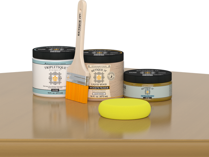 Retique It® Old Oak Brush-On Kit with Gloss TripleTique® includes a brush, Light Wood primer, Old Oak Gel Stain Alternative, Gloss TripleTique® top coat, and a yellow sponge.