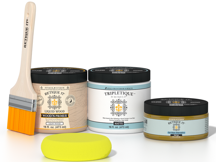 Retique It® Old Oak Brush-On Kit with Matte TripleTique® includes a brush, Light Wood primer, Old Oak Gel Stain Alternative, Matte TripleTique® top coat, and a yellow sponge.