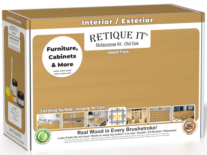 Retique It® Old Oak Brush-On Multipurpose Kit box featuring an Old Oak finish and project examples for furniture, cabinets, doors, decks, and more.