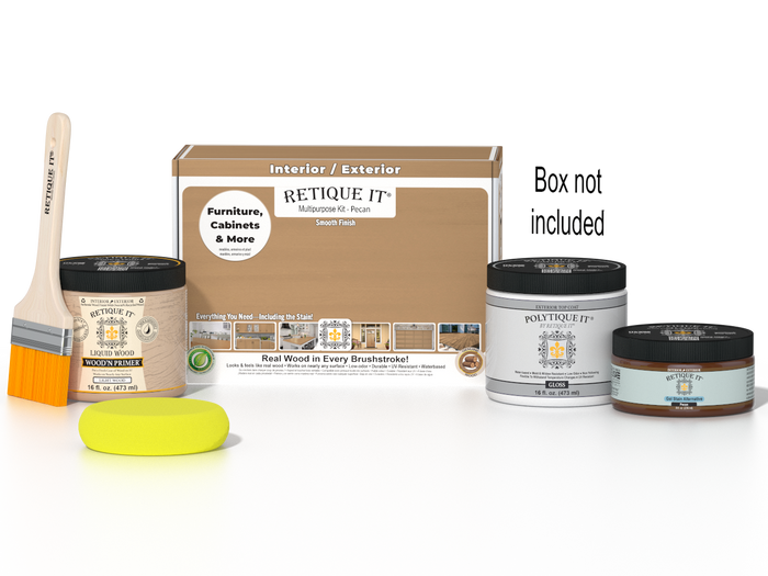 Retique It Pecan Multi-purpose Smooth Finish Kit for exterior wood projects, includes top coat and application tools.