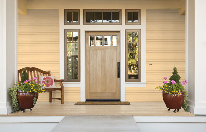Retique It wood finish kit with smooth finish in Pecan for exterior doors, featuring a multi-purpose top coat and wood sealing components.