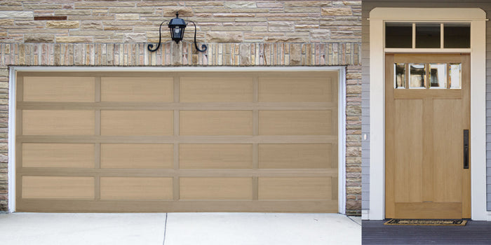 Retique It Multi-purpose Smooth Finish Kit in Pecan for wood, featuring exterior top coat with a matte finish on a garage door.