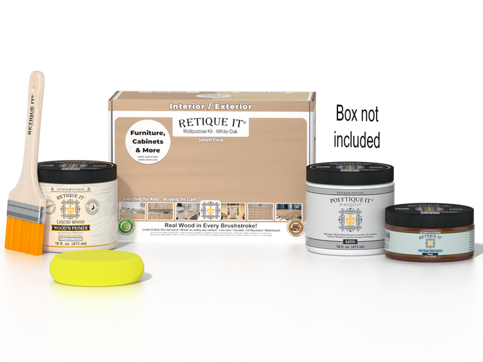 Retique It White Oak Multi-purpose Smooth Finish Kit for exterior wood, includes top coat in matte finish, wood finishing supplies.