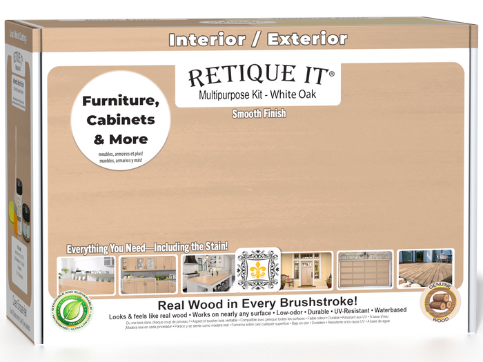 Retique It White Oak Multi-purpose Smooth Finish Kit for exterior wood, includes top coat and application tools in a box.