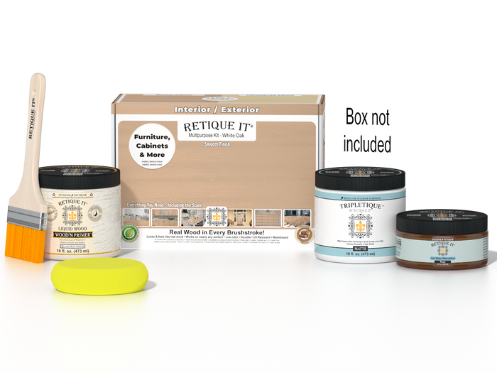 Retique It White Oak Multi-purpose Smooth Finish Kit for interior top coat, includes applicator and finishing materials.