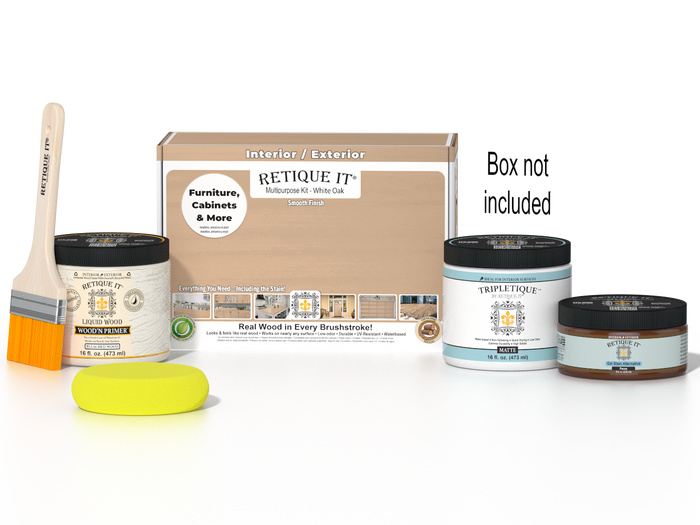 Retique It® White Oak Multipurpose Kit with Liquid Wood primer, Pecan gel stain alternative, Tripletique matte interior top coat, paintbrush, and yellow sponge displayed with the product box.