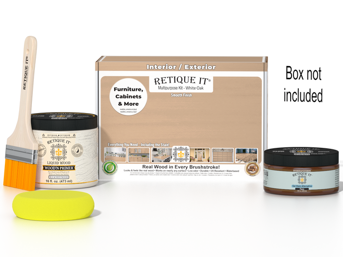 Retique It® White Oak Multipurpose Kit with Liquid Wood primer, gel stain alternative, paintbrush, and yellow sponge displayed in front of the product box.