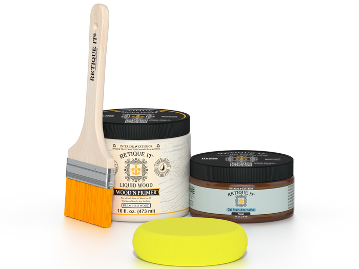 Retique It® White Oak Multipurpose Kit contents with Liquid Wood primer, Pecan gel stain alternative, paintbrush, and yellow sponge.