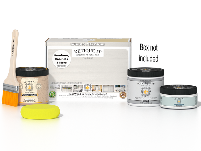 Retique It Multi-purpose Smooth Finish Kit in white wash for exterior wood top coat, includes application tools and instructions.