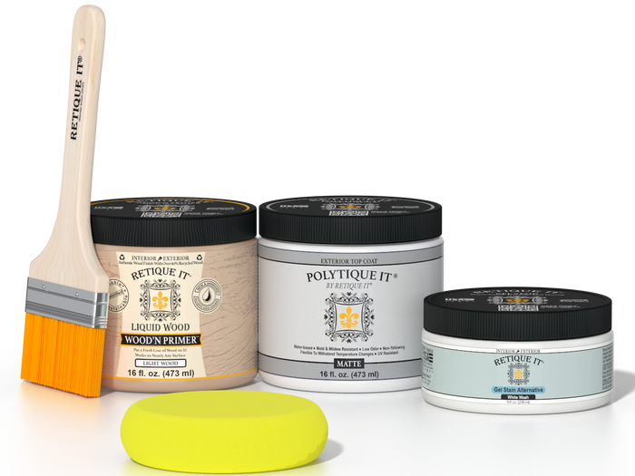 Retique It® White Wash Multipurpose Kit contents with Liquid Wood primer, White Wash gel stain alternative, PolyTique It® matte exterior top coat, paintbrush, and yellow sponge.