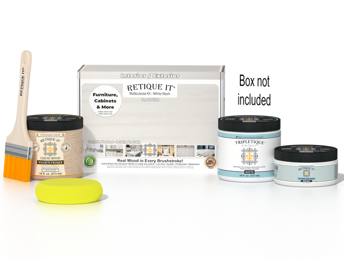 Retique It® White Wash Multipurpose Kit with Liquid Wood primer, White Wash gel stain alternative, Tripletique matte interior top coat, paintbrush, and yellow sponge displayed with the product box.