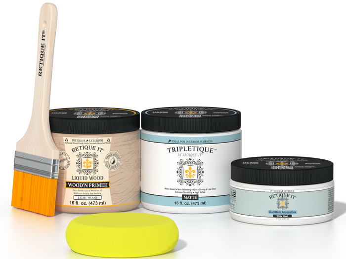 Retique It® White Wash Multipurpose Kit contents with Liquid Wood primer, White Wash gel stain alternative, Tripletique matte interior top coat, paintbrush, and yellow sponge.