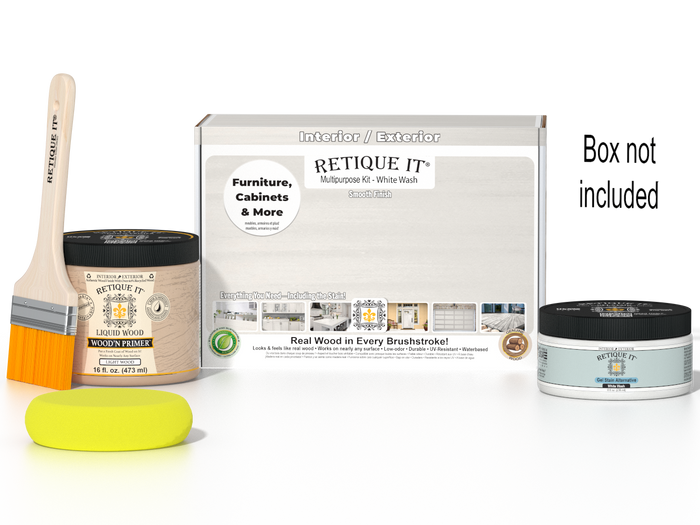 Retique It® White Wash Multipurpose Kit with Liquid Wood primer, White Wash gel stain alternative, paintbrush, and yellow sponge displayed with the product box.