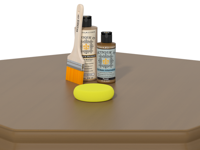 Retique It Multi-purpose Smooth Wood'n Kit in Pecan finish, shown on a wooden table for versatile wood finishing.