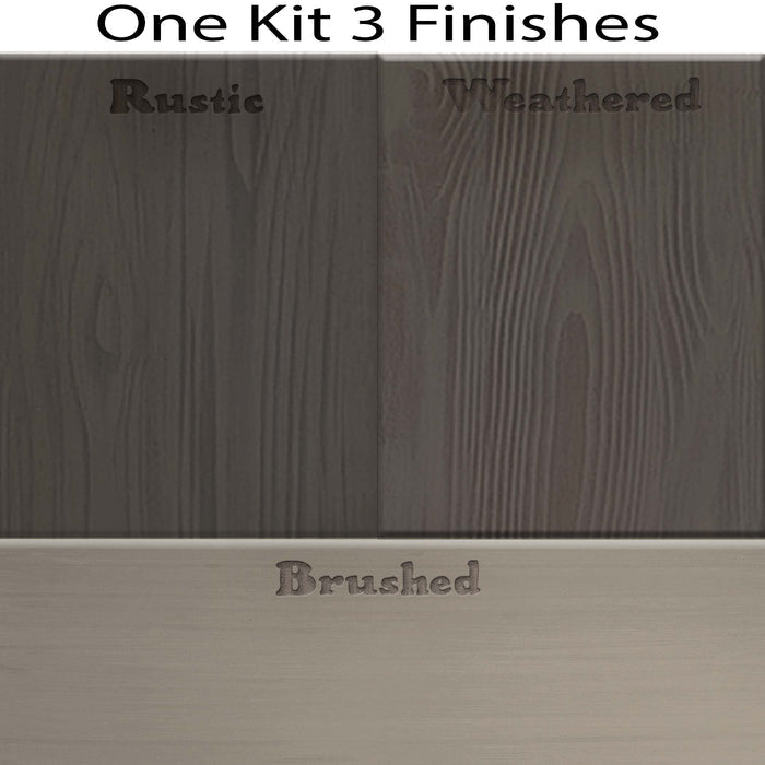 Swatches of Retique It Wood'n Finish Kits in Harbor Gray showing three different wood finishing options and colors.