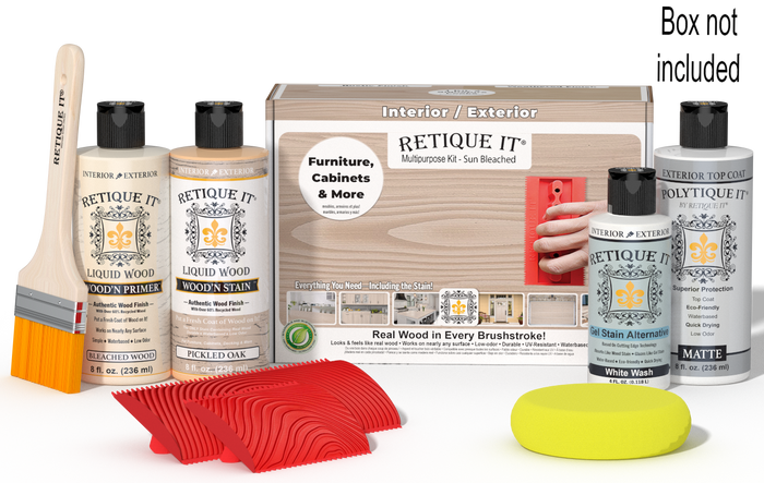 Sun-bleached Wood'n Finish Kit by Retique It for exterior wood surfaces, includes top coat in a multi-purpose wood finishing set.