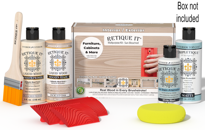 Retique It® Sun Bleached Multipurpose Kit with Bleached Wood primer, Pickled Oak stain, White Wash gel stain alternative, Matte Tripletique® Top Coat, brush, red graining tool, yellow sponge, and product box.