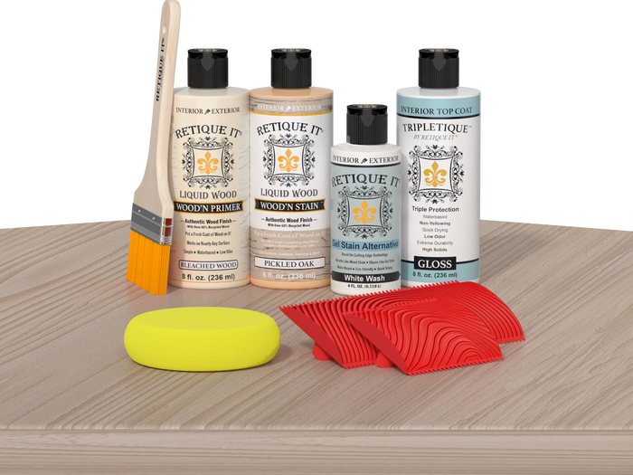 Retique It® Sun Bleached Wood'n Kit with Bleached Wood primer, Pickled Oak stain, White Wash gel stain alternative, Gloss Tripletique® Top Coat, brush, red graining tool, and yellow sponge.