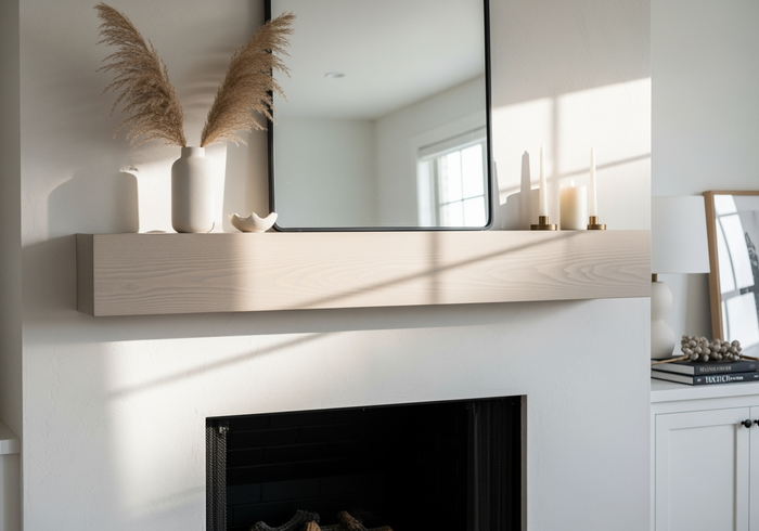 Retique It Wood'n Finish Kit for fireplace mantels, showcasing a finished wooden mantel with a smooth, natural wood appearance.