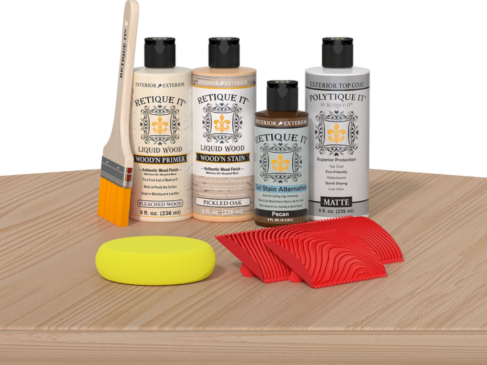 Retique It Wood'n Finish Kit in White Oak, exterior top coat on a table, showing the multi-purpose wood finishing product.