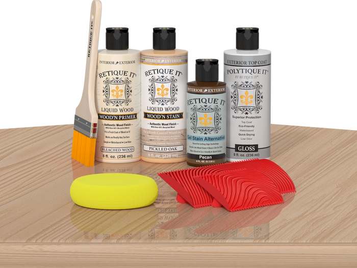 White oak Wood'n Finish Kit by Retique It with exterior top coat, displayed on a table for multi-purpose wood finishing.