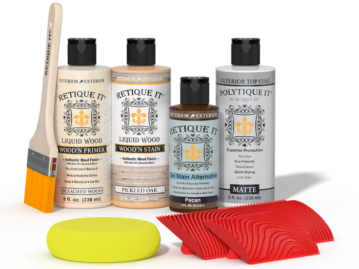 Retique It Wood'n Finish Kit in White Oak with exterior top coat, featuring wood finish tools and supplies for wood treatment.