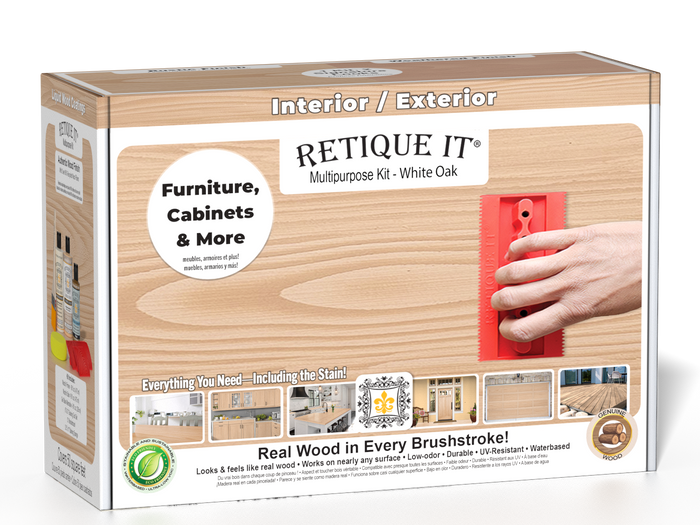Retique It Wood'n Finish Kit in White Oak featuring exterior top coat and accessories in a box for wood finishing projects.