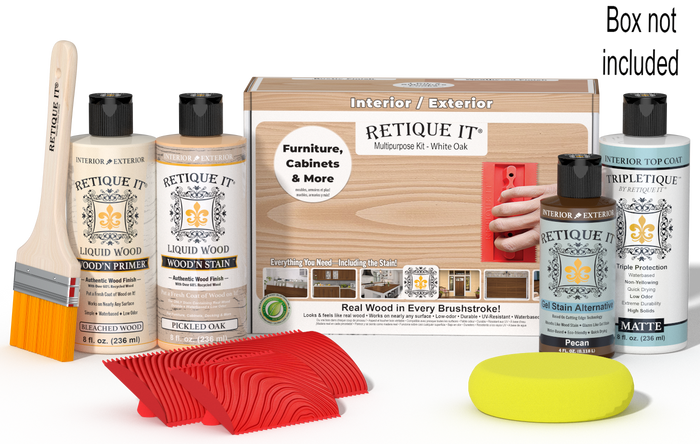 Retique It® White Oak Multipurpose Kit with Bleached Wood primer, Pickled Oak stain, Pecan gel stain alternative, Matte Tripletique® Top Coat, brush, red graining tool, yellow sponge, and product box.