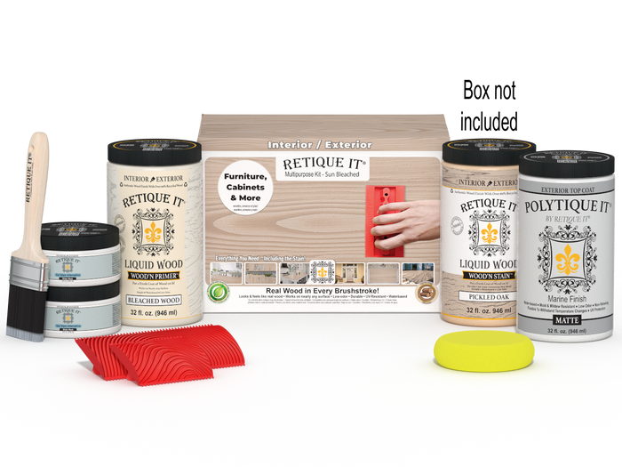 Large Sun Bleached Wood'n Finish Kit by Retique It for exterior top coating, includes brushes and application tools in the box.