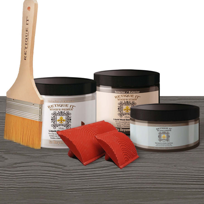 Retique It Wood'n Finish Kit in Harbor Gray, medium-sized wood finish set with gel components and applicator tools.