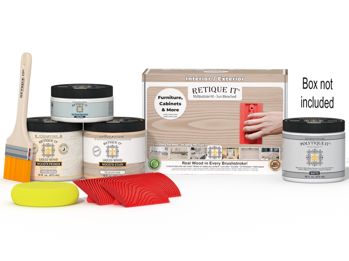 Sun bleached Multi-purpose Wood'n Kit by Retique It for exterior wood finishing, includes top coat and application tools.