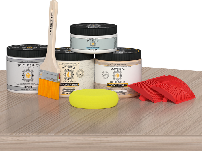 Sun-bleached Wood'n Kit (Med) by Retique It, exterior top coat wood finish set with applicator on table.