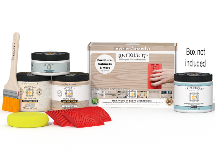 Sun-bleached Wood'n Kit (Med) from Retique It for interior top coat, includes wood finish tools and materials in a compact box.
