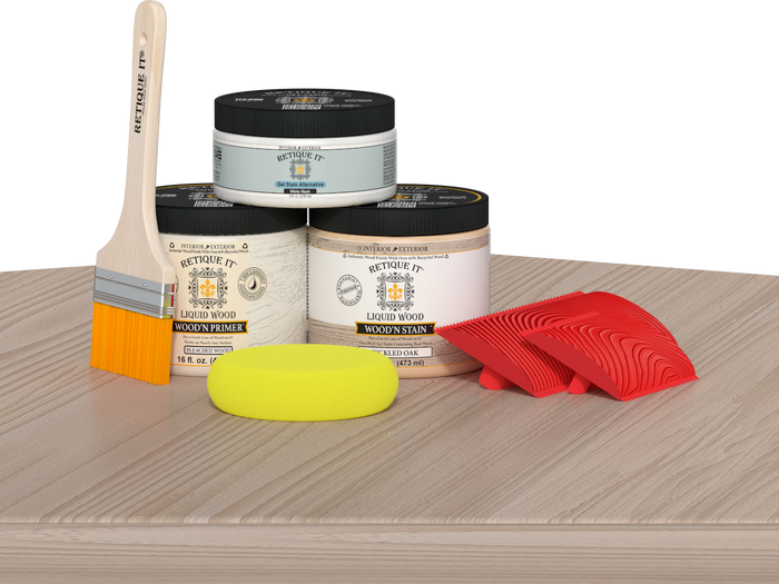 Sun-bleached Retique It Wood'n Finish Kit in medium size displayed on table for multi-purpose wood finishing projects.
