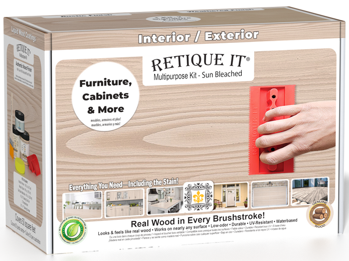 Sun-bleached Multi-purpose Wood'n Kit by Retique It with wood finish bottles and application tools in a box.