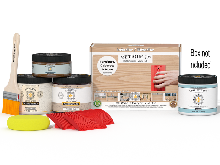 Retique It Wood'n Kit in White Oak for interior top coat, featuring a multi-purpose finish set with applicator tools and wood sample.