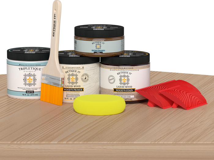 Retique It Wood'n Kit in White Oak for interior top coat, showing the multi-purpose wood finish kit on a table.