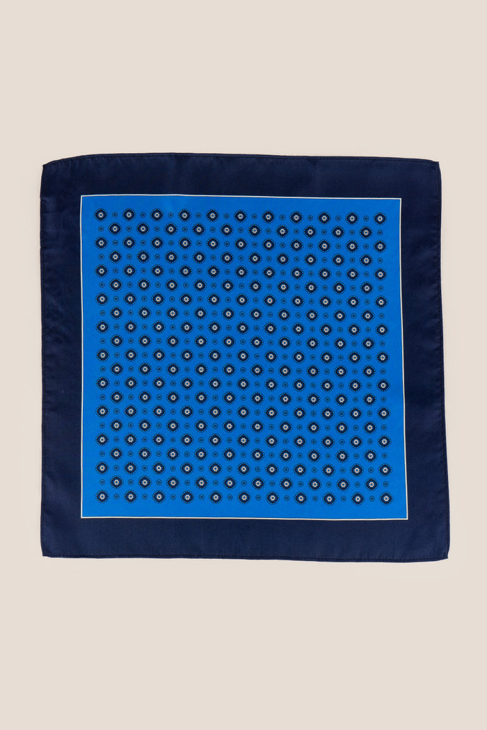 Men’s navy silk handkerchief with an intricate geometric pattern, crafted for wedding, formal, or elegant smart attire.