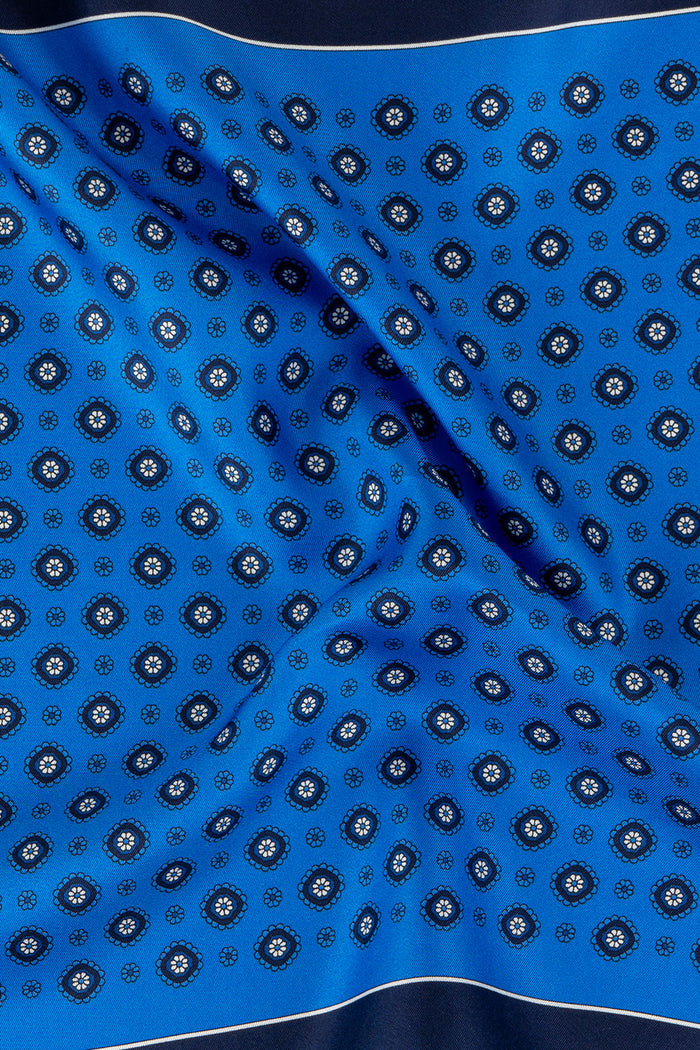 Men’s navy silk handkerchief with an intricate geometric pattern, crafted for wedding, formal, or elegant smart attire.