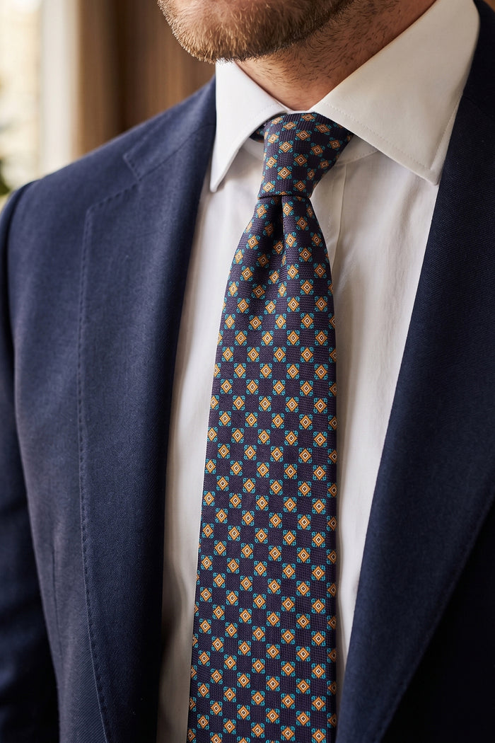 Navy Geometric Pattern Silk Tie with sophisticated design, ideal for weddings and formal occasions.