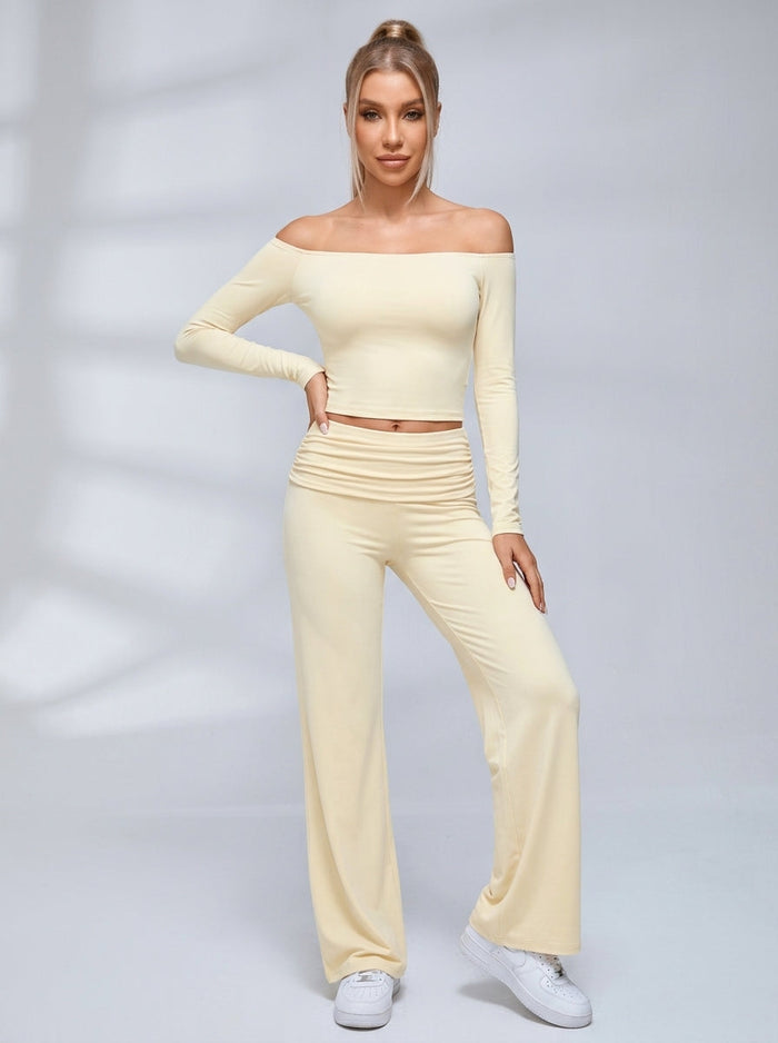 Off Shoulder Fold Waist Flared Leggings Set