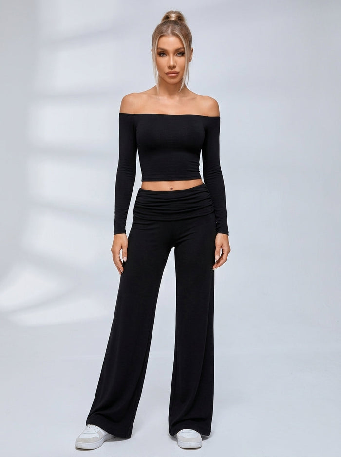 Off Shoulder Fold Waist Flared Leggings Set