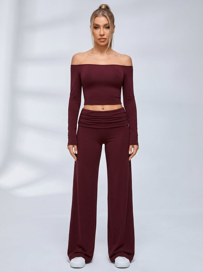 Off Shoulder Fold Waist Flared Leggings Set