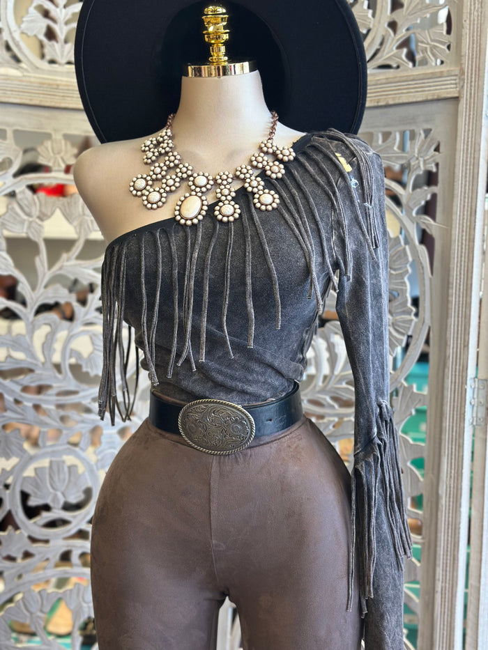 One Sleeve Black Wash Fringe Blouse -Estira, Stretchy