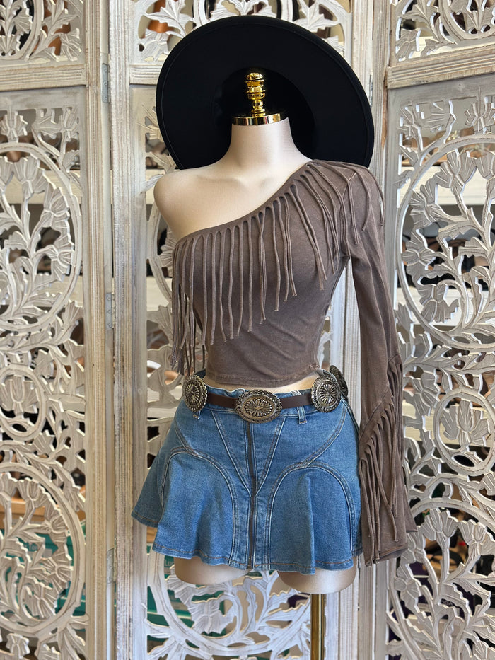 One Sleeve Brown Wash Fringe Blouse - Estira, Stretchy