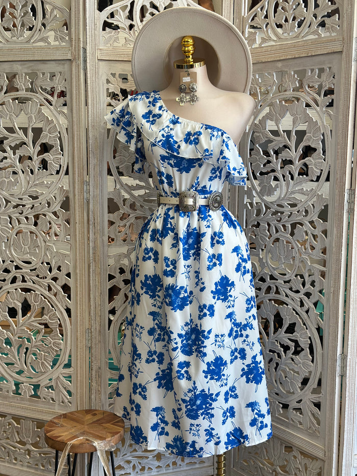 One Sleeve Ruffle Blue Floral Midi Dress-Estira, Stretchy