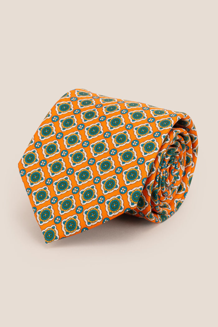 Orange Geometric Pattern Silk Tie with elegant design, perfect for weddings, formal occasions, and smart attire.