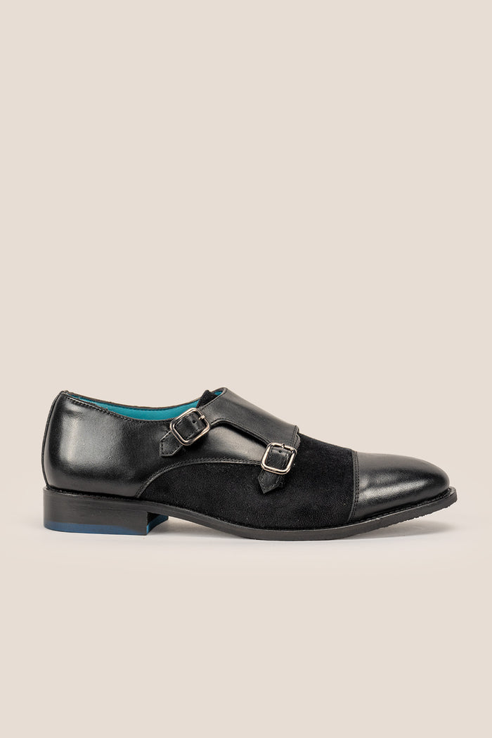 Oscar Black velvet monk strap men's leather shoes featuring premium craftsmanship and elegant design, ideal for formal occasions.